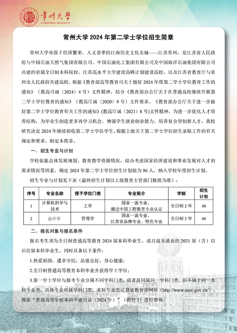 常州大学2024年第二学士学位招生简章
