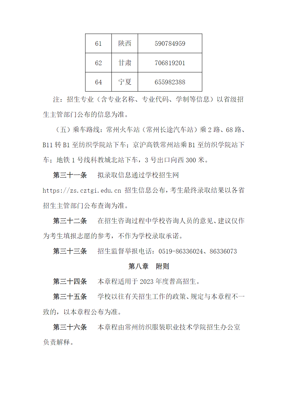 常州纺织服装职业技术学院－2023年省外普高招生章程