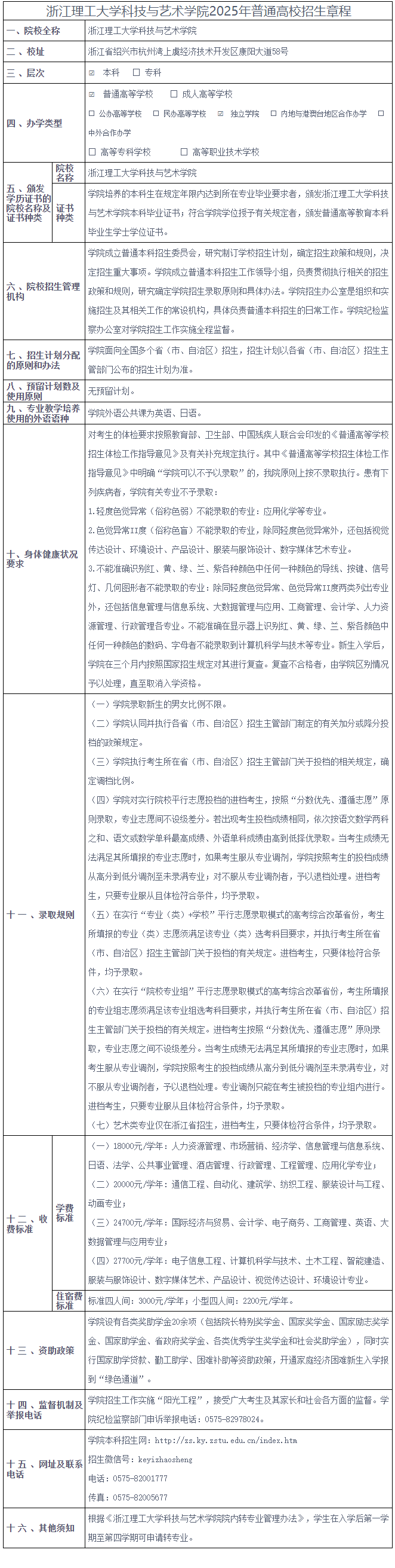 浙江理工大学科技与艺术学院2025年普通高校招生章程
