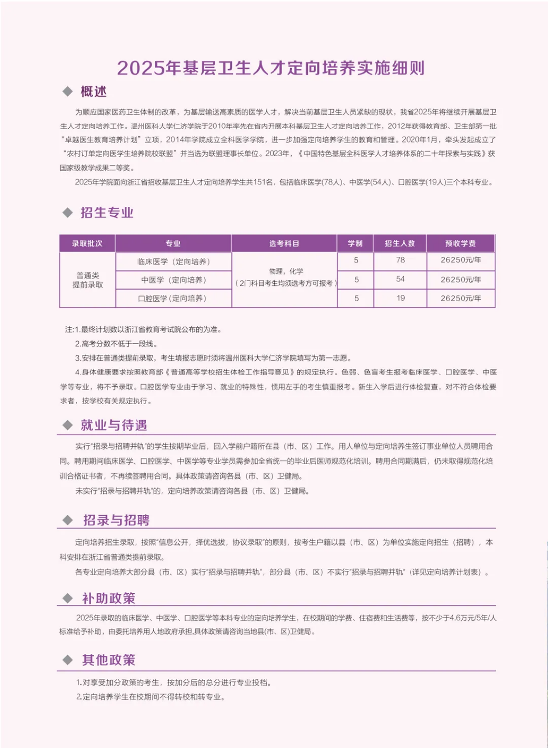温州医科大学仁济学院－2025年基层卫生人才定向培养实施细则与招生计划
