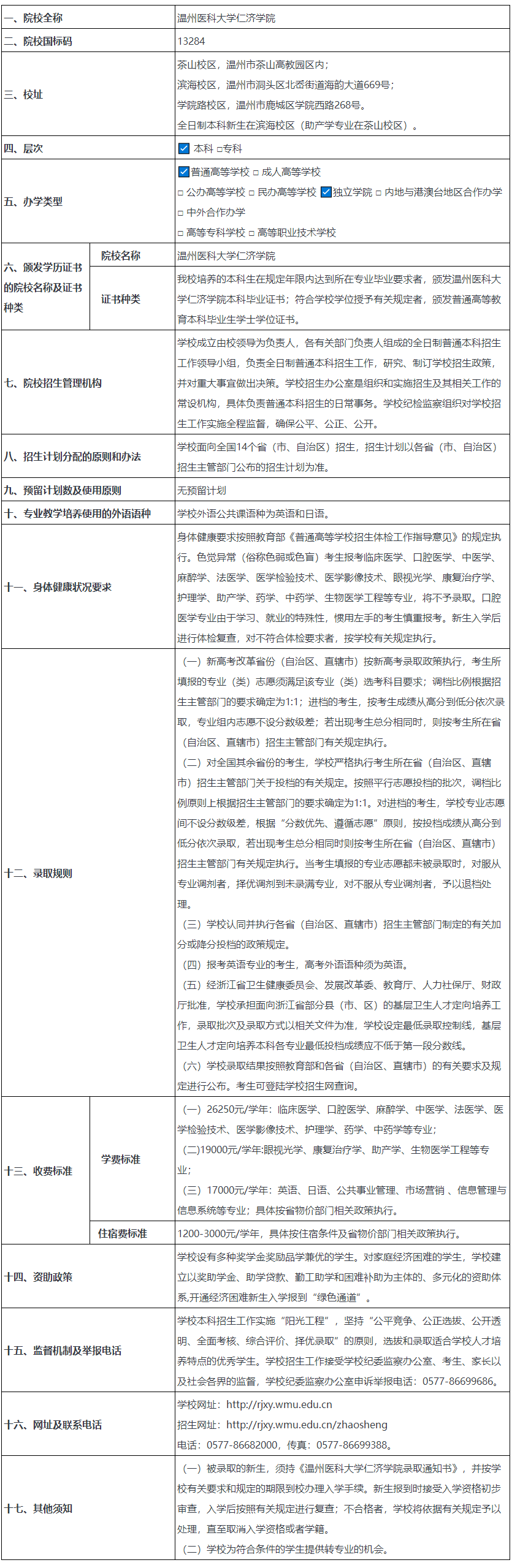 温州医科大学仁济学院2022年普通高校招生章程