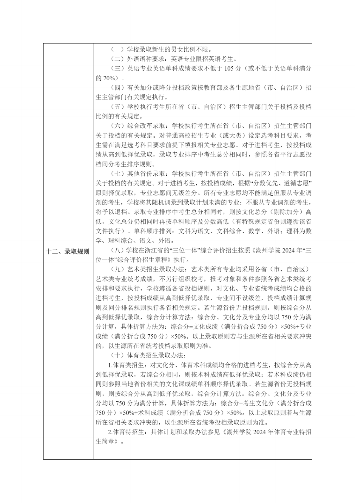 湖州学院2024年普通高校招生章程