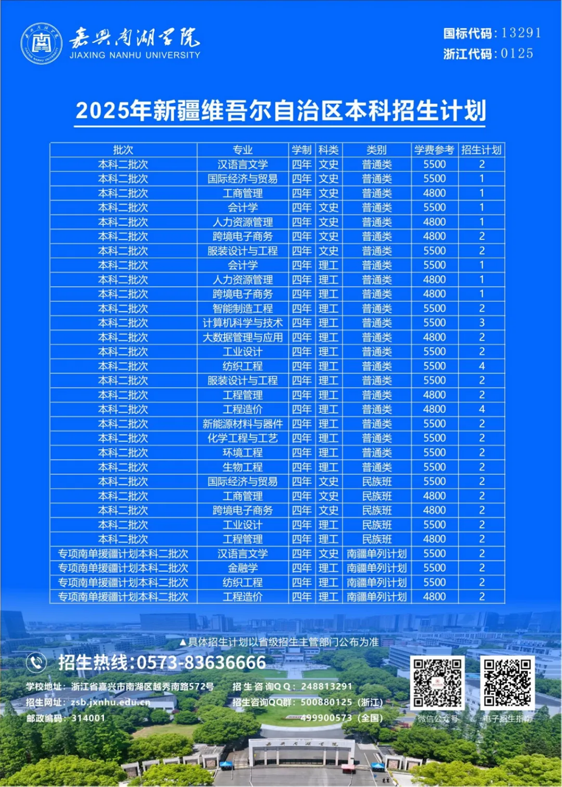 嘉兴南湖学院2025年本科招生计划