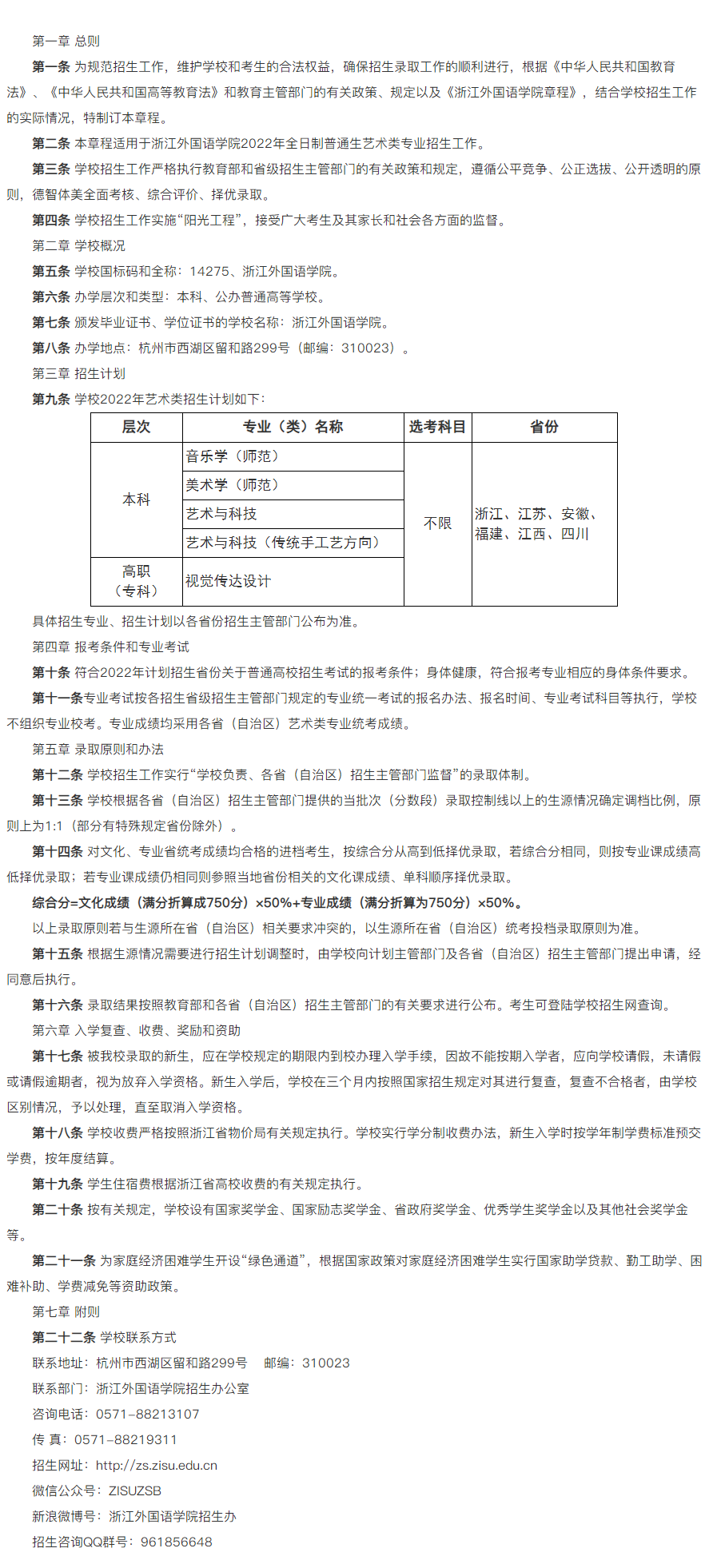 浙江外国语学院2022年艺术类专业招生章程