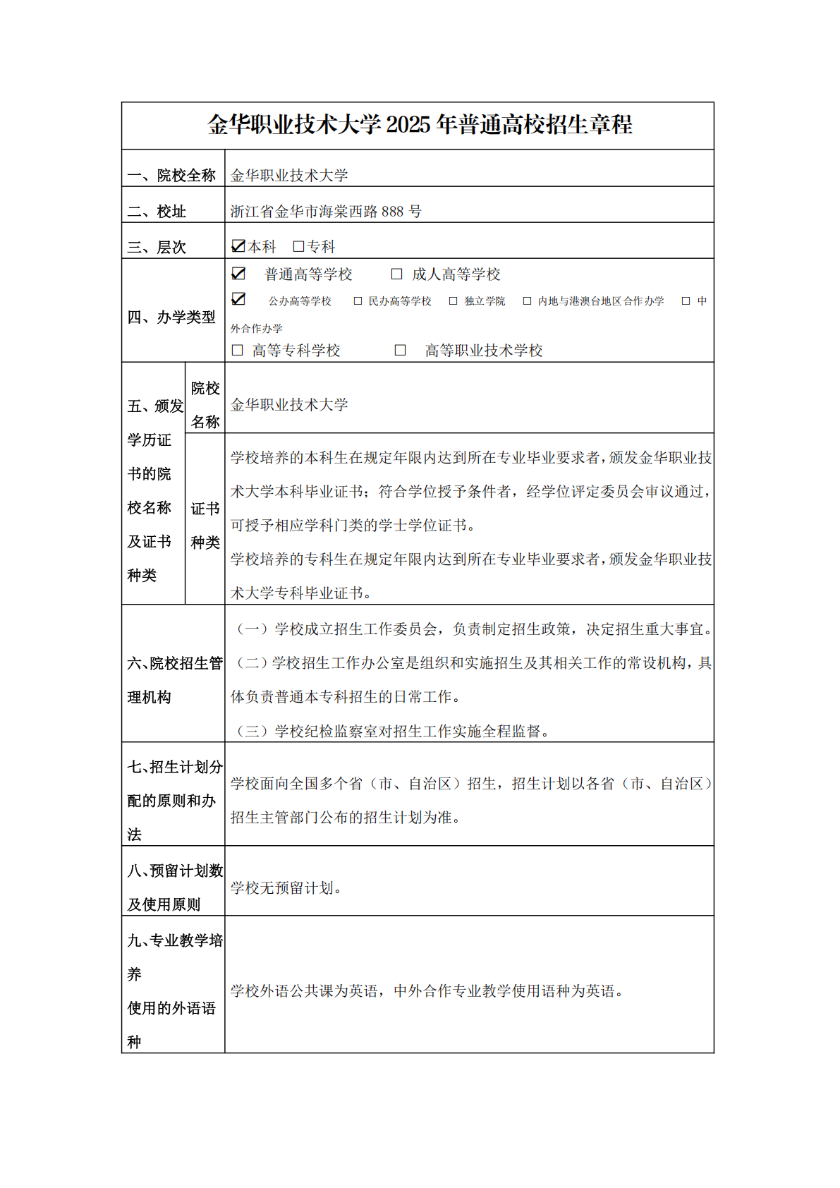 2025年普通高校招生章程