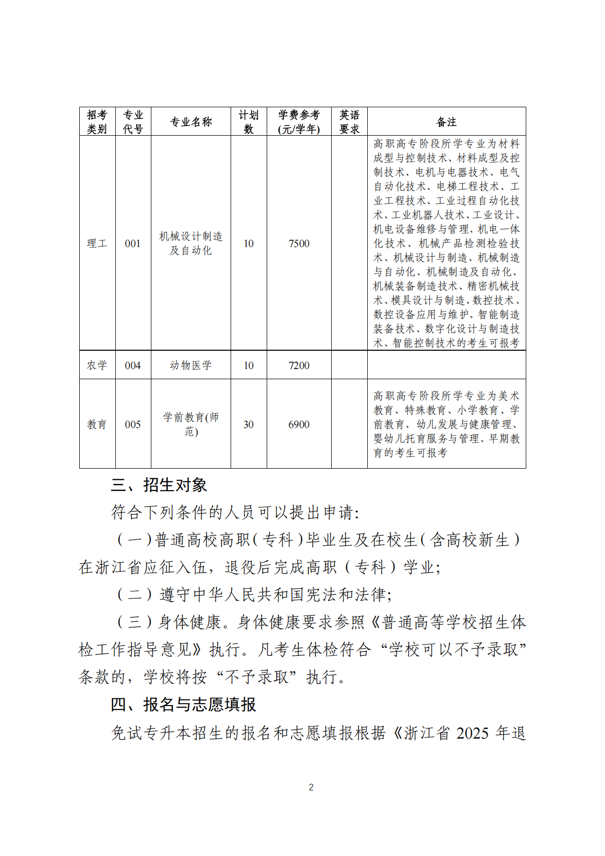 金华职业技术大学－2025年退役大学生士兵免试专升本招生简章