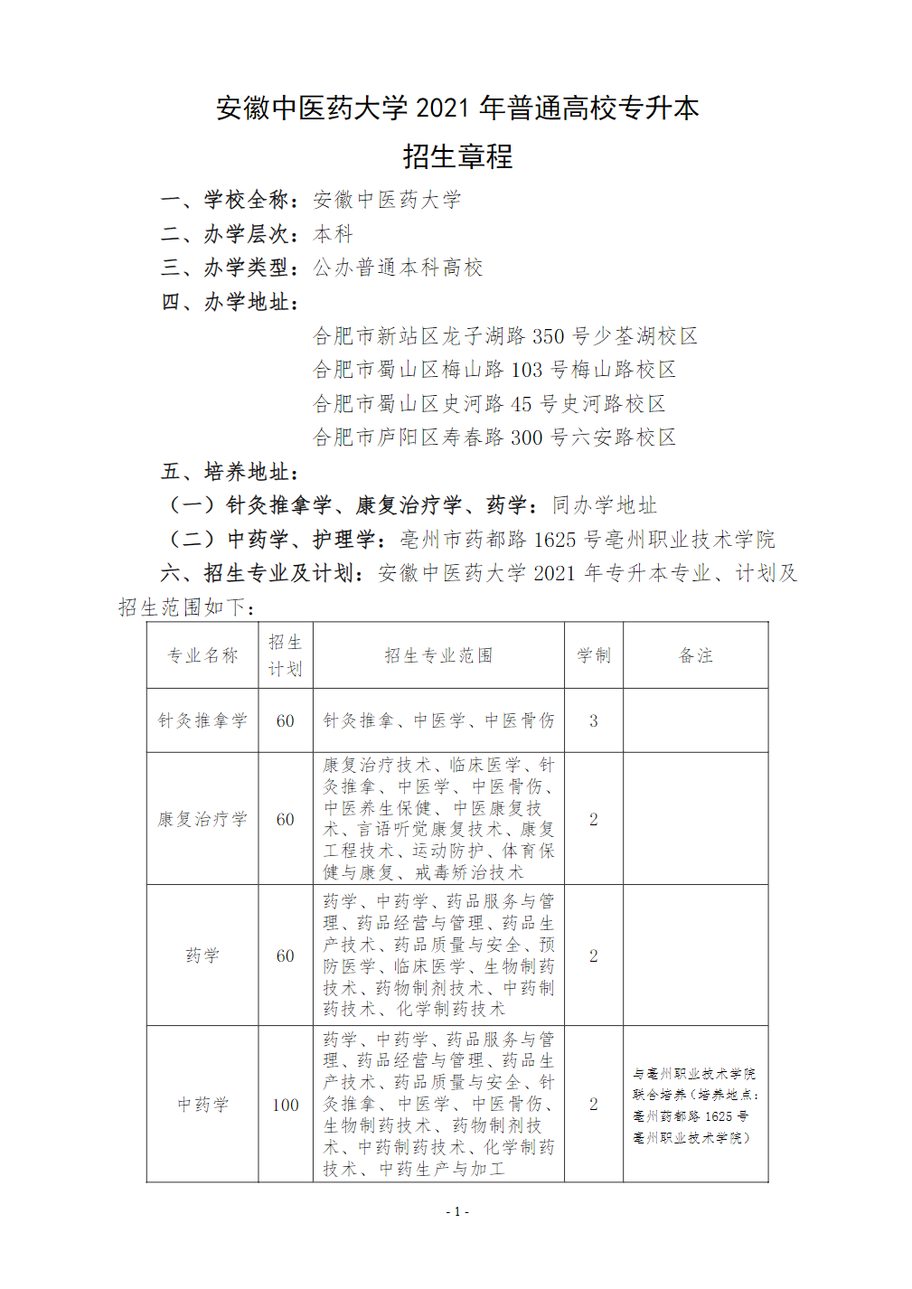 安徽中医药大学2021年普通高校专升本招生章程
