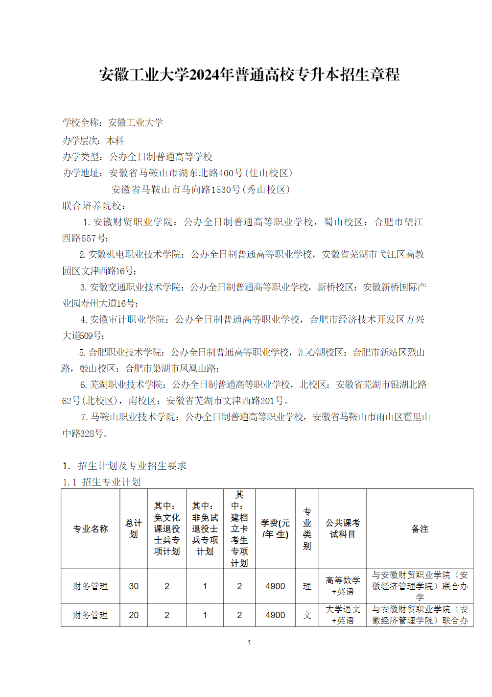 安徽工业大学2024年普通高校专升本招生章程
