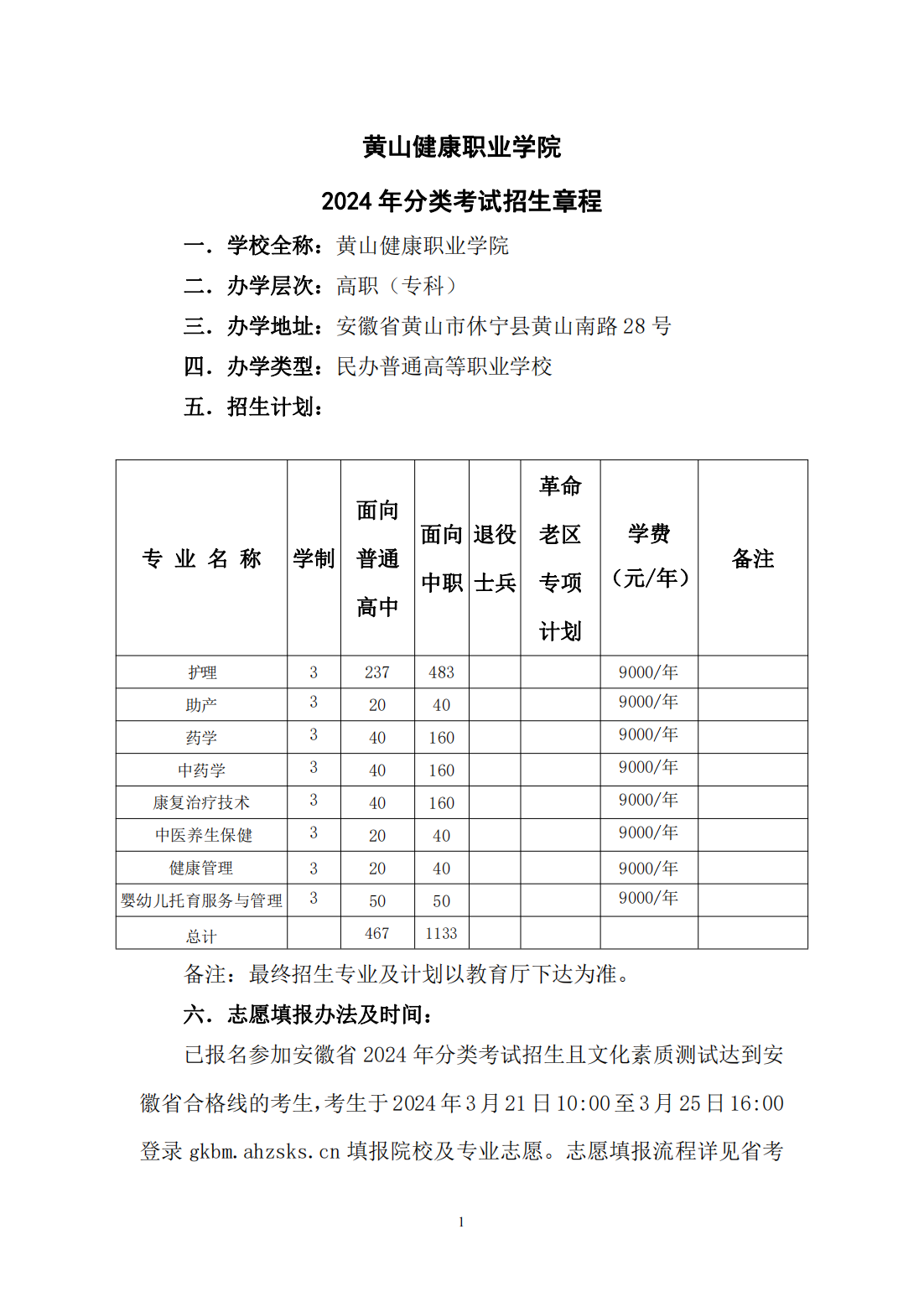 黄山健康职业学院2024年分类考试招生章程
