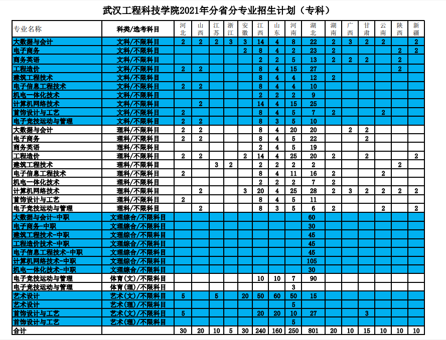 武汉工程科技学院2021年分省分专业招生计划（专科）