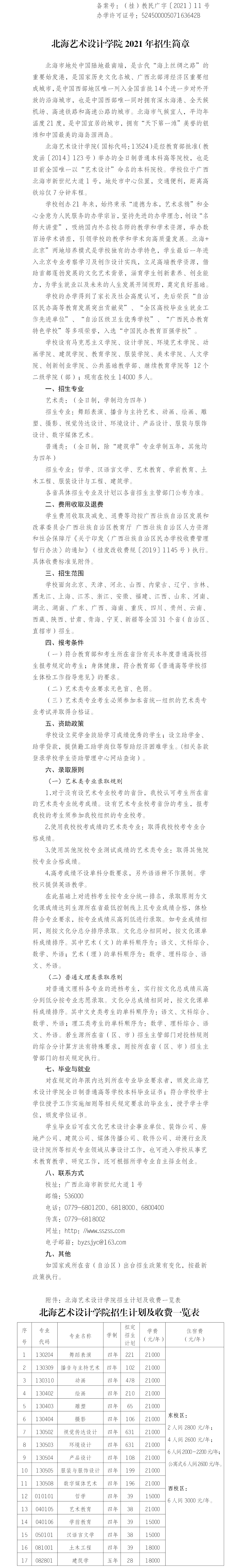 北海艺术设计学院2021年招生简章