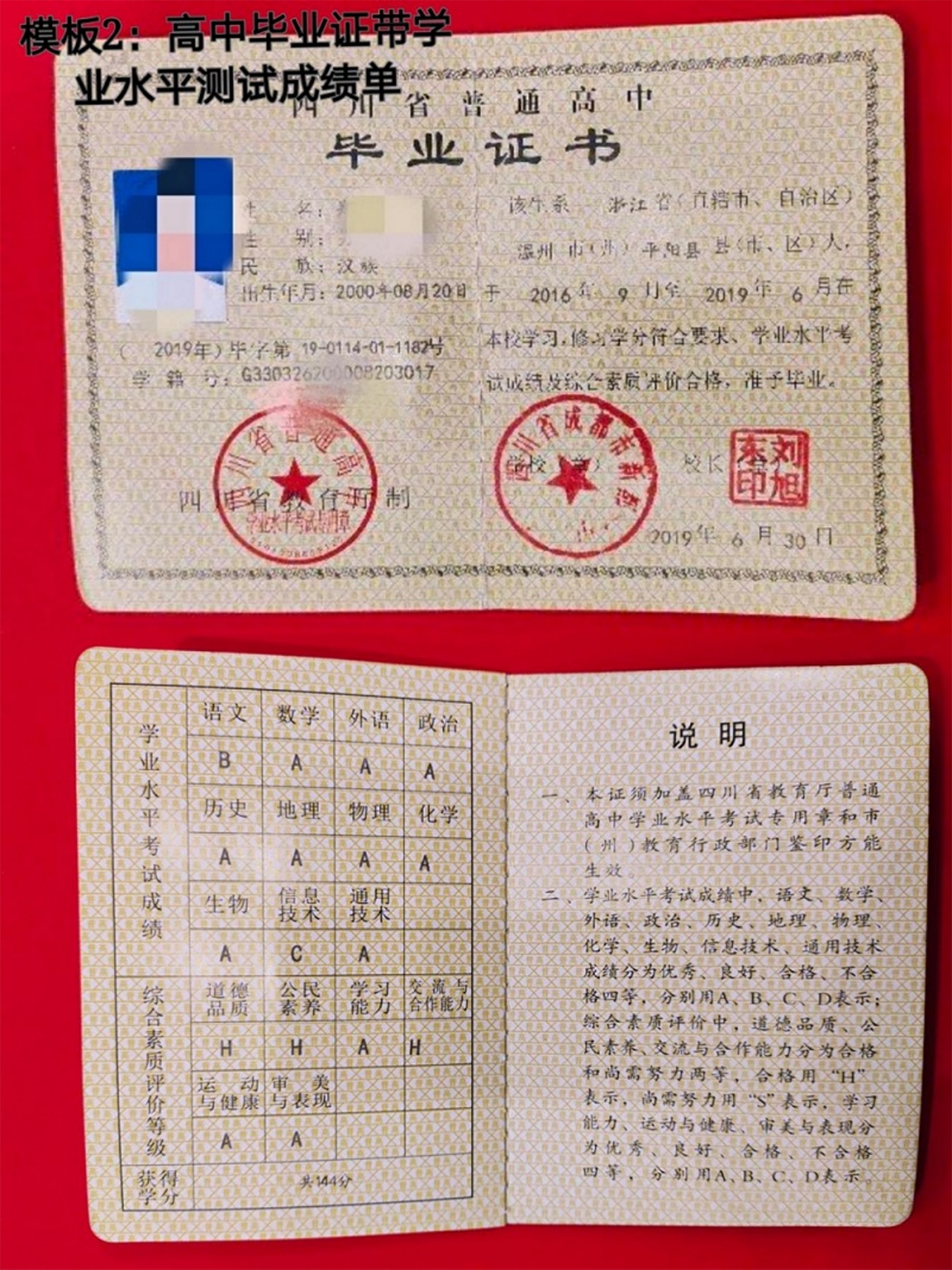 附件2：模板2高中毕业证带学业水平测试成绩