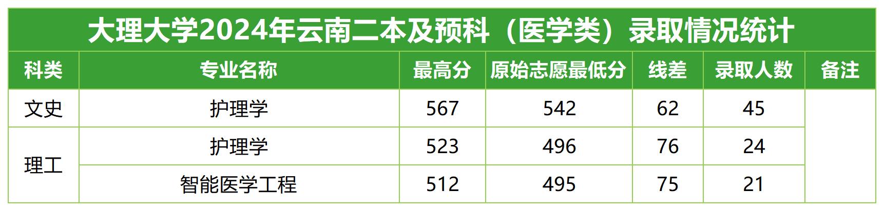 大理大学2024年云南二本及预科（医学类）录取情况统计