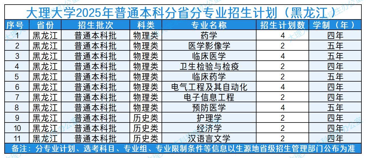 大理大学2025年普通本科分省分专业招生计划（黑龙江）