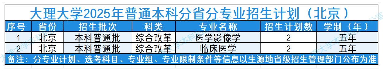 大理大学2025年普通本科分省分专业招生计划（北京）