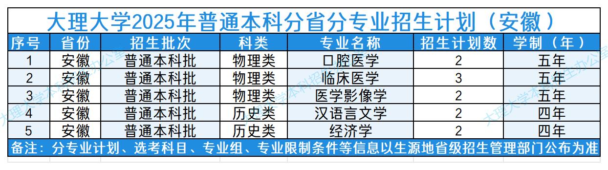 大理大学2025年普通本科分省分专业招生计划（安徽）