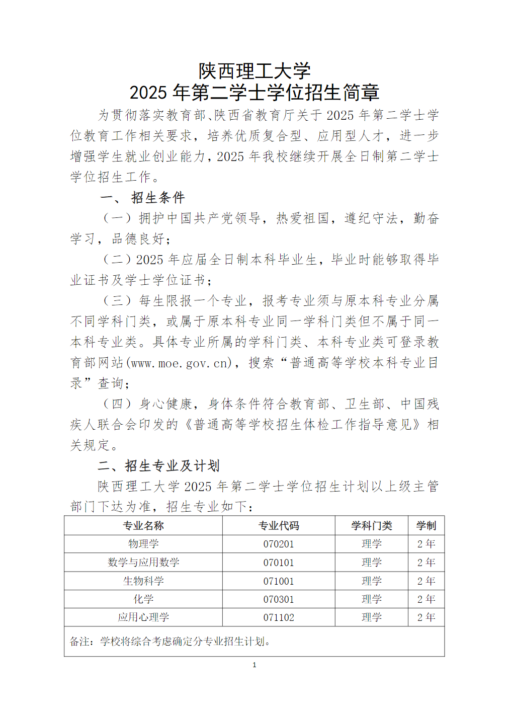 陕西理工大学2025年第二学士学位招生简章
