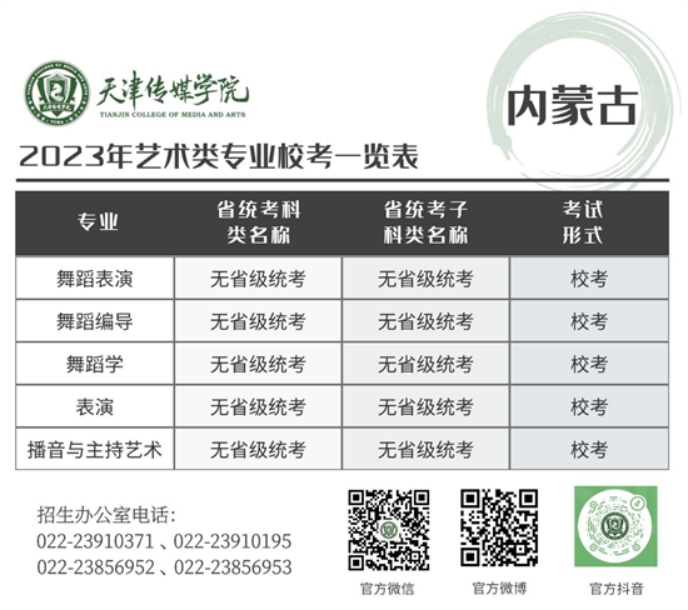 天津传媒学院－2023年艺术类专业校考一览表