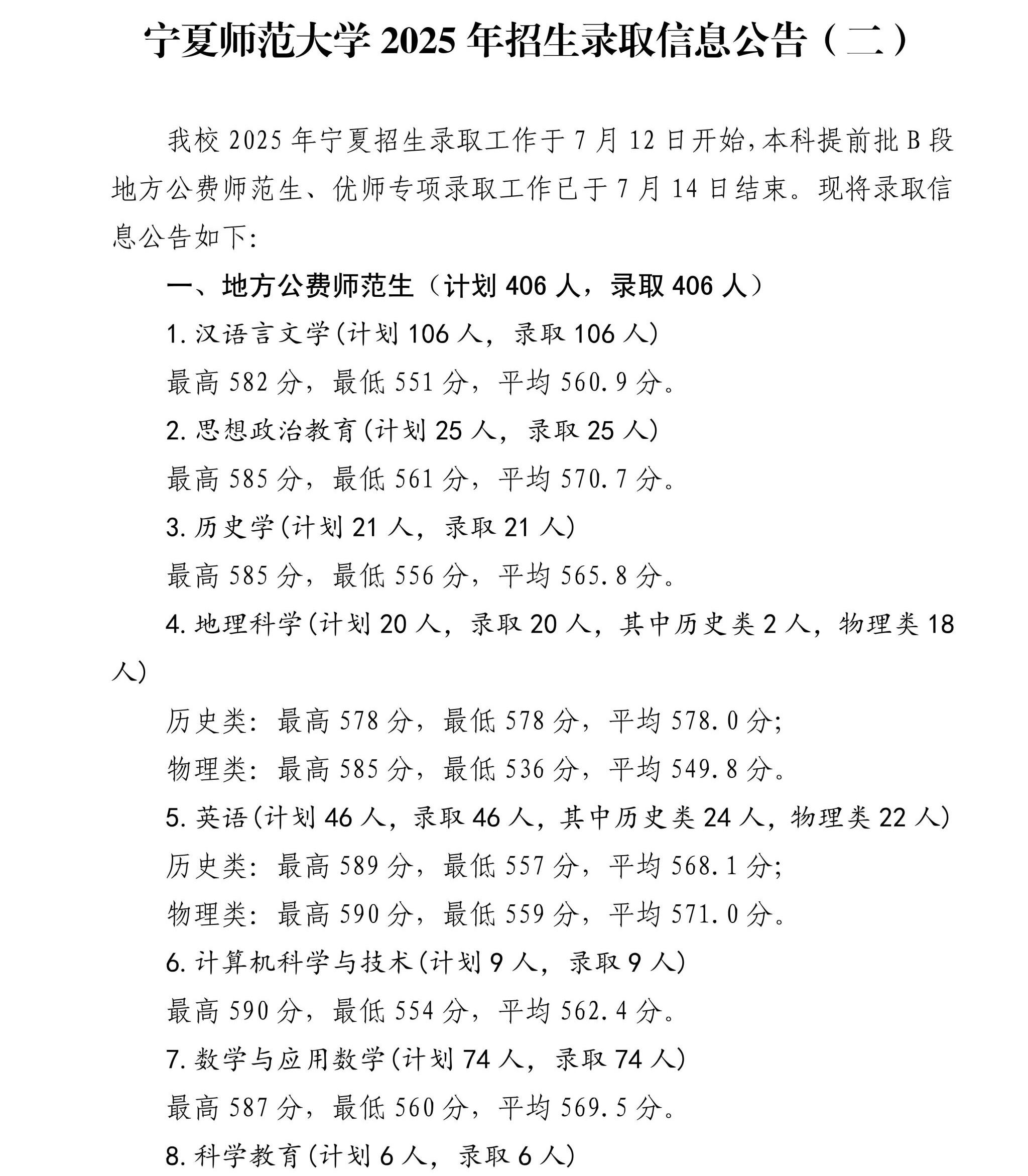 宁夏师范大学2025年招生录取信息公告